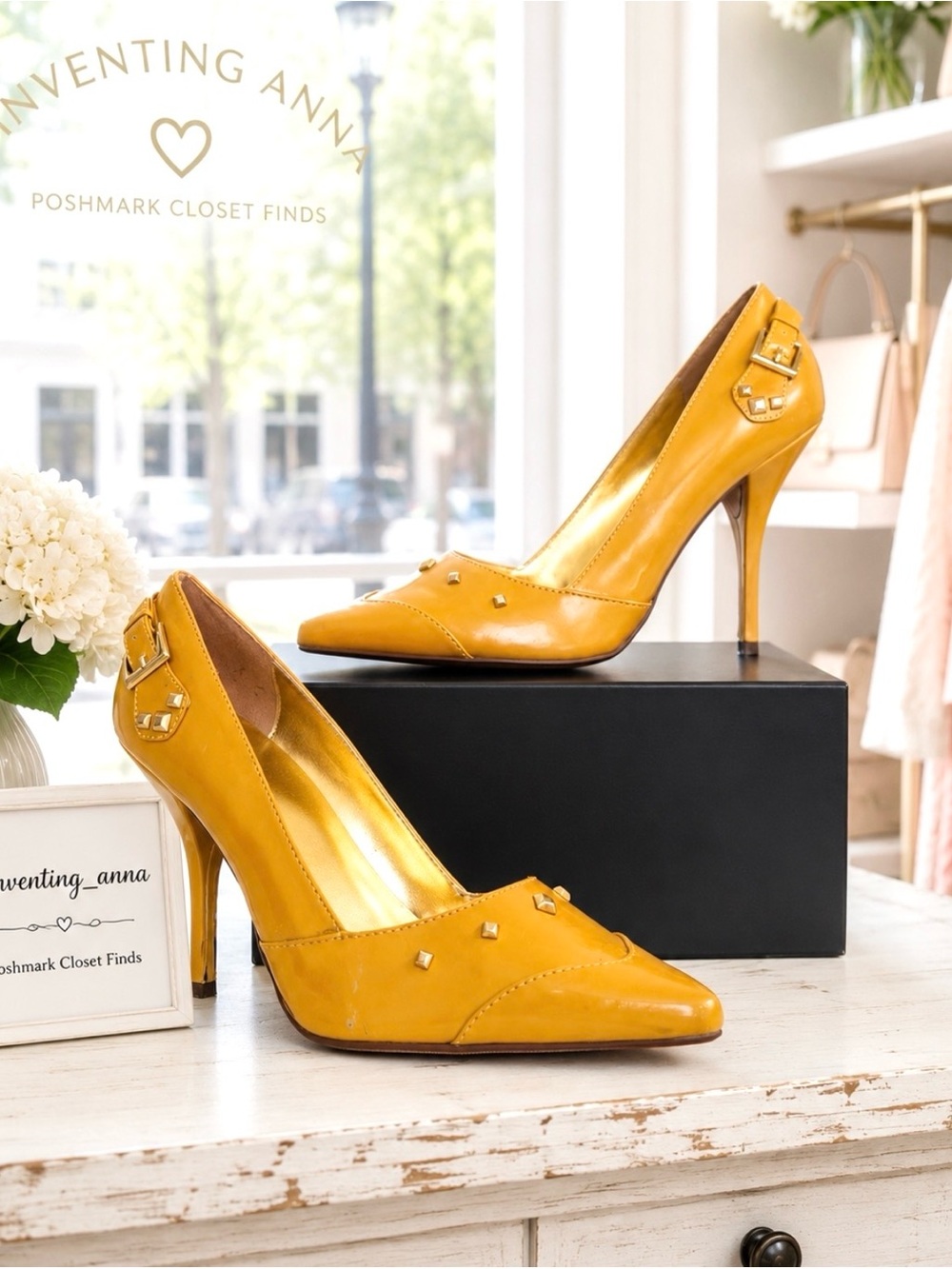 DELICIOUS Patent Yellow Cruelty-Free 5-Inch Heels w/Gold Tone Embellishments